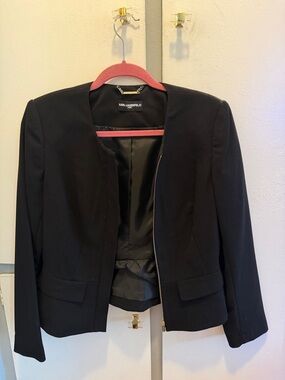 Karl Lagerfeld Black Collarless Zip Blazer